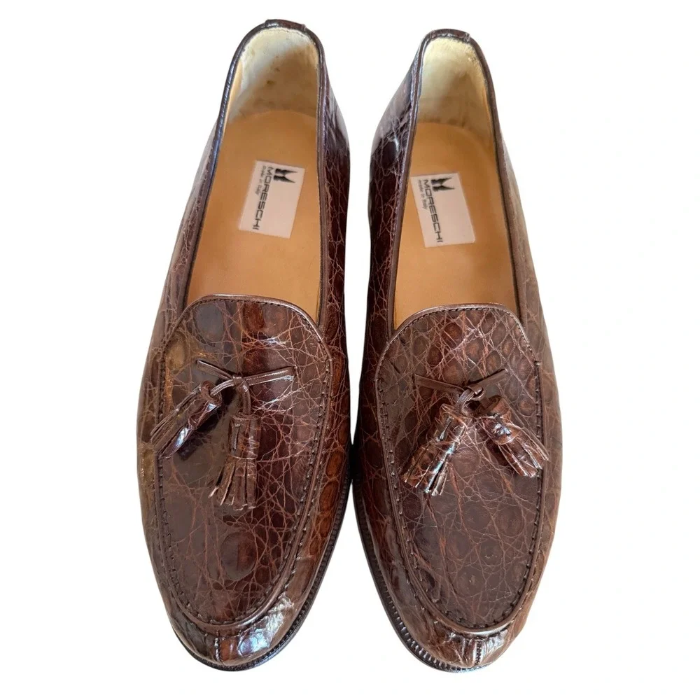 Moreschi Brown Padria Tassel Loafers Mens 8.5 Embossed Calf Leather w/ Box Bags